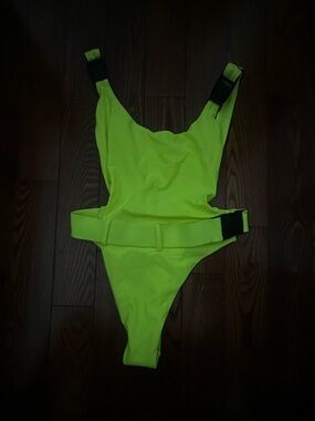 Neon Green One-Piece Swimsuit with Buckle Straps